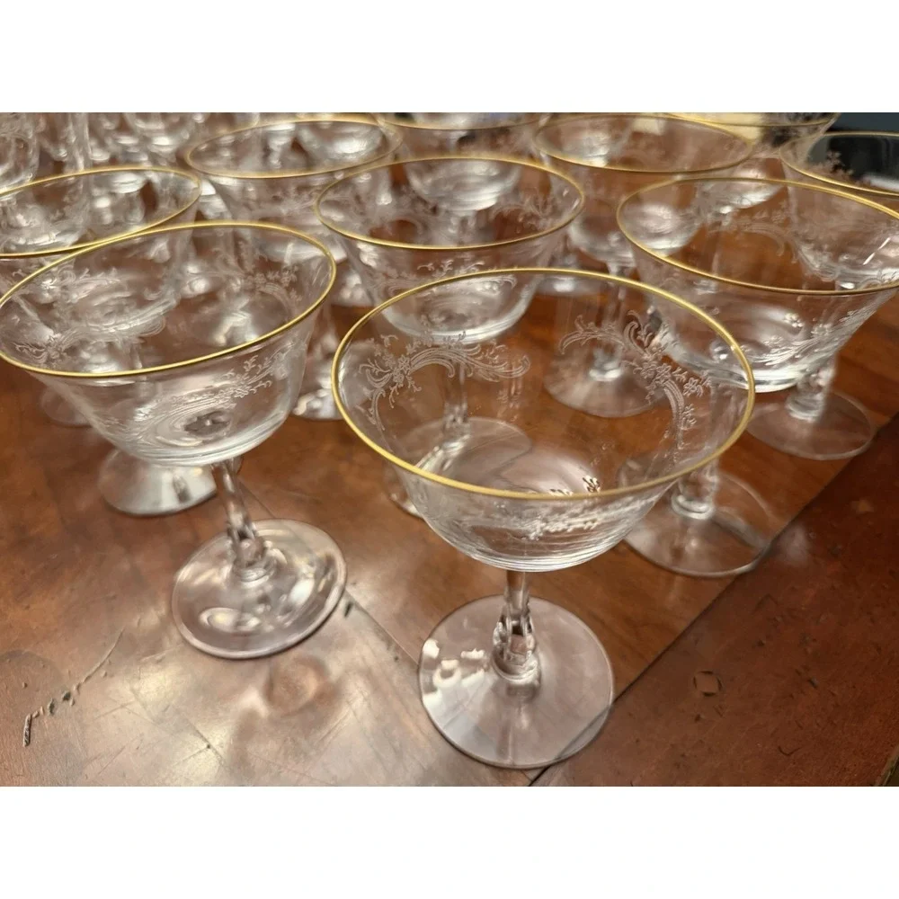 Golden‎ Lace by Fostoria Champagne Tall Sherbert Set of 10 Vintage Etched w/Gold